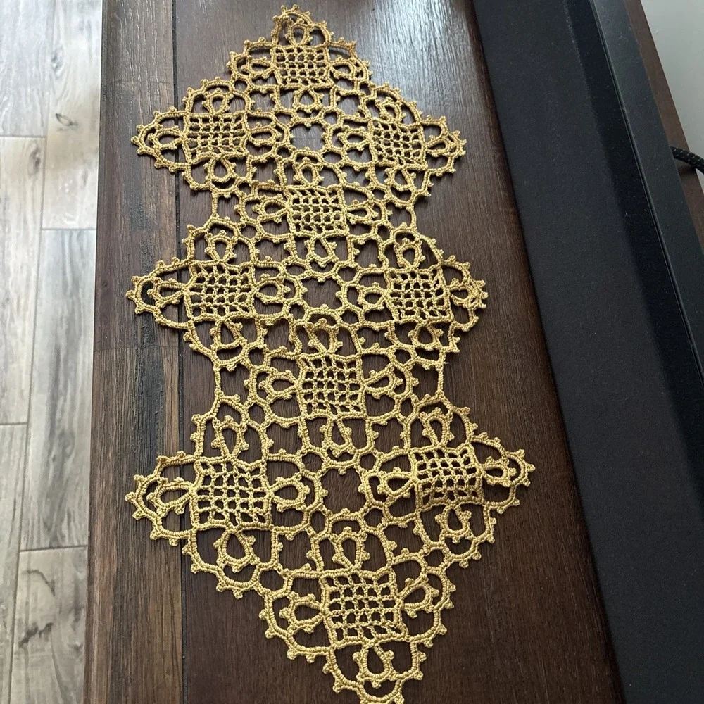 VTG Gold Metallic Crochet Lace Table Runner Joined Motif Handmade Dresser Scarf